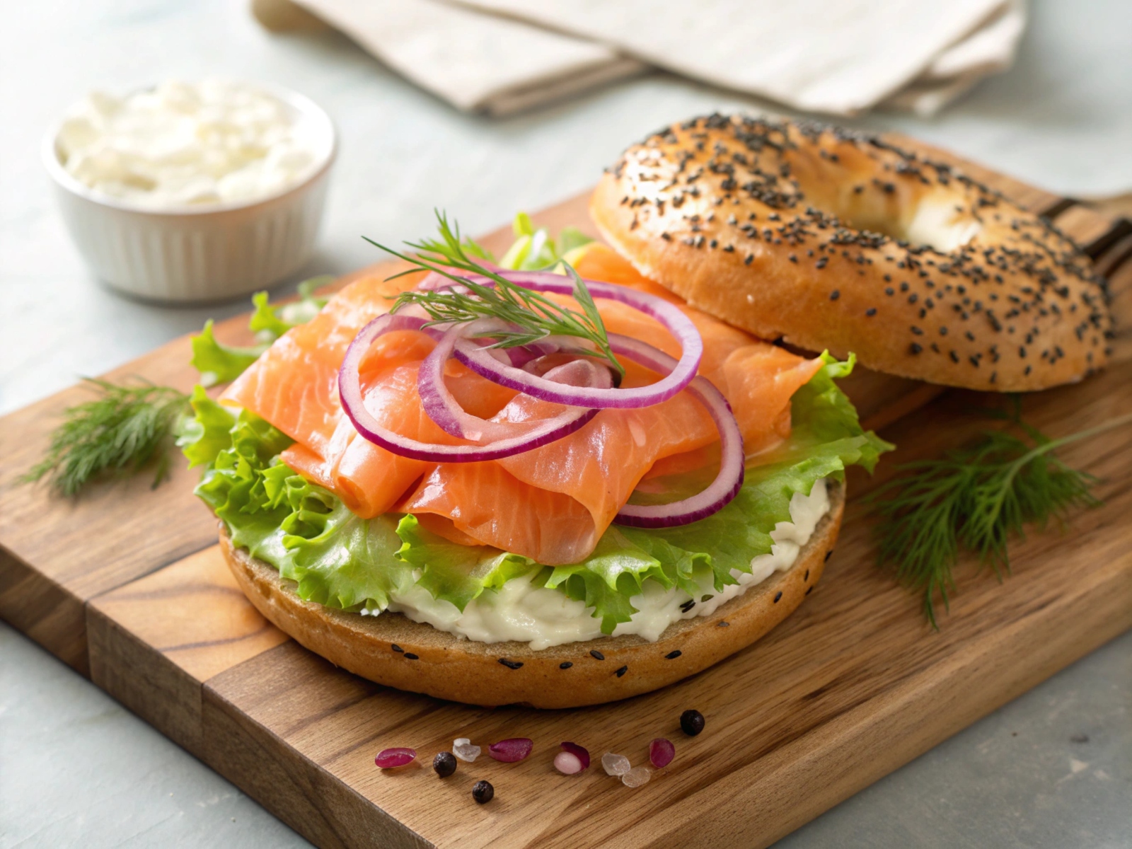 Lox bagel with cream cheese, lettuce and red onion